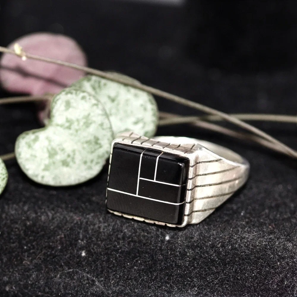 Sterling Silver Black Inlay Geometric Signet Ring Size 13 Modernist Design